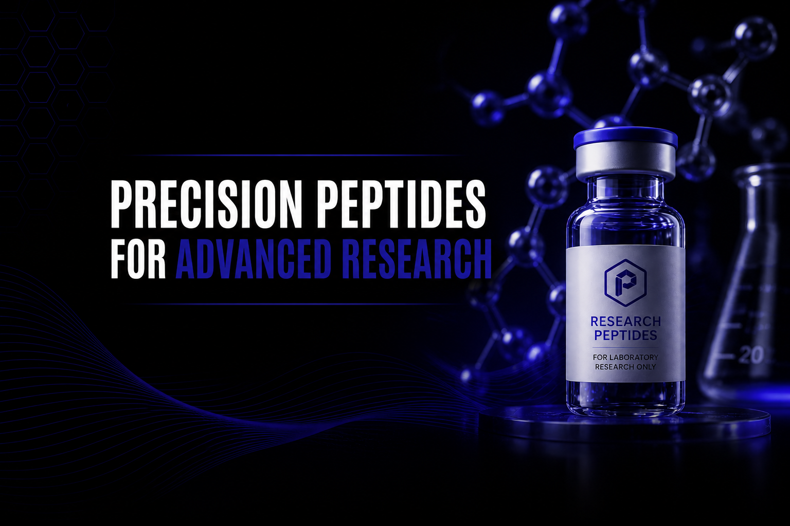 Vial labeled 'Research Peptides' with molecular structure in the background on a dark background