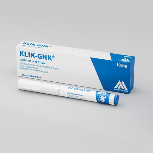 KLIK-GHK injection packaging with a pen on a gray background