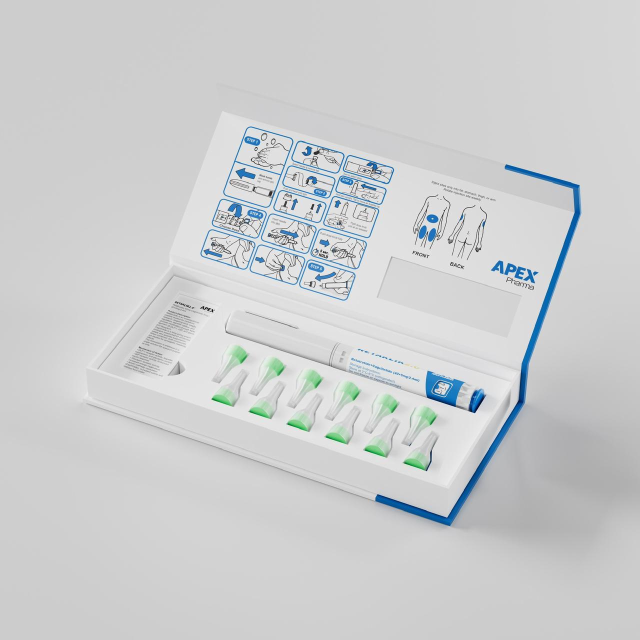 Medical kit with syringes and instructions on a gray background, branded 'APEX'.