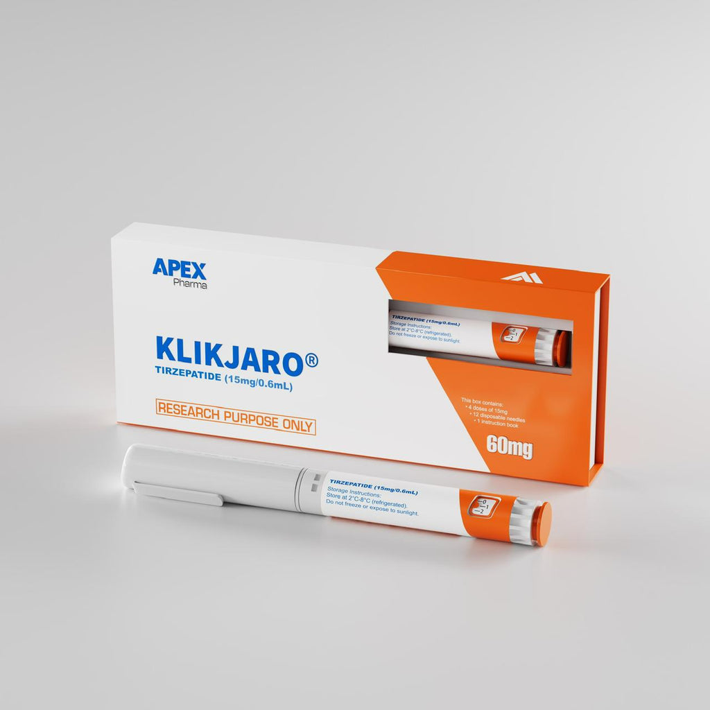 Klikjaro packaging with Apex Pharma branding on a gray background