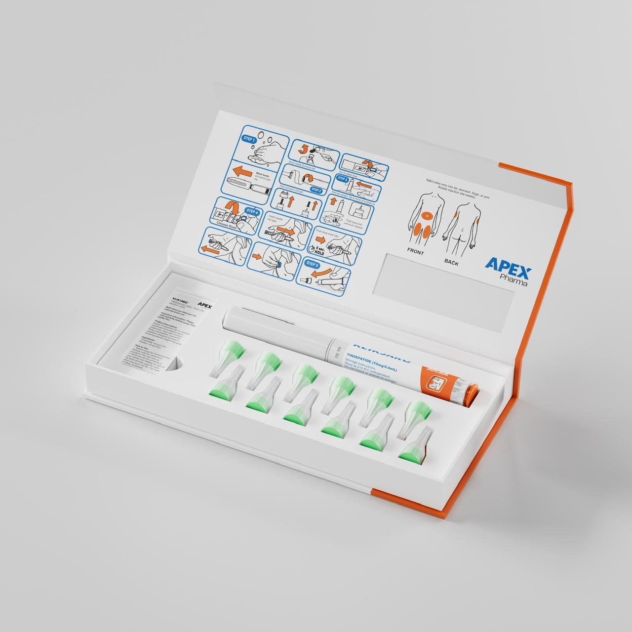 Medical kit with syringes and instructions on a gray background, branded 'APEX'.