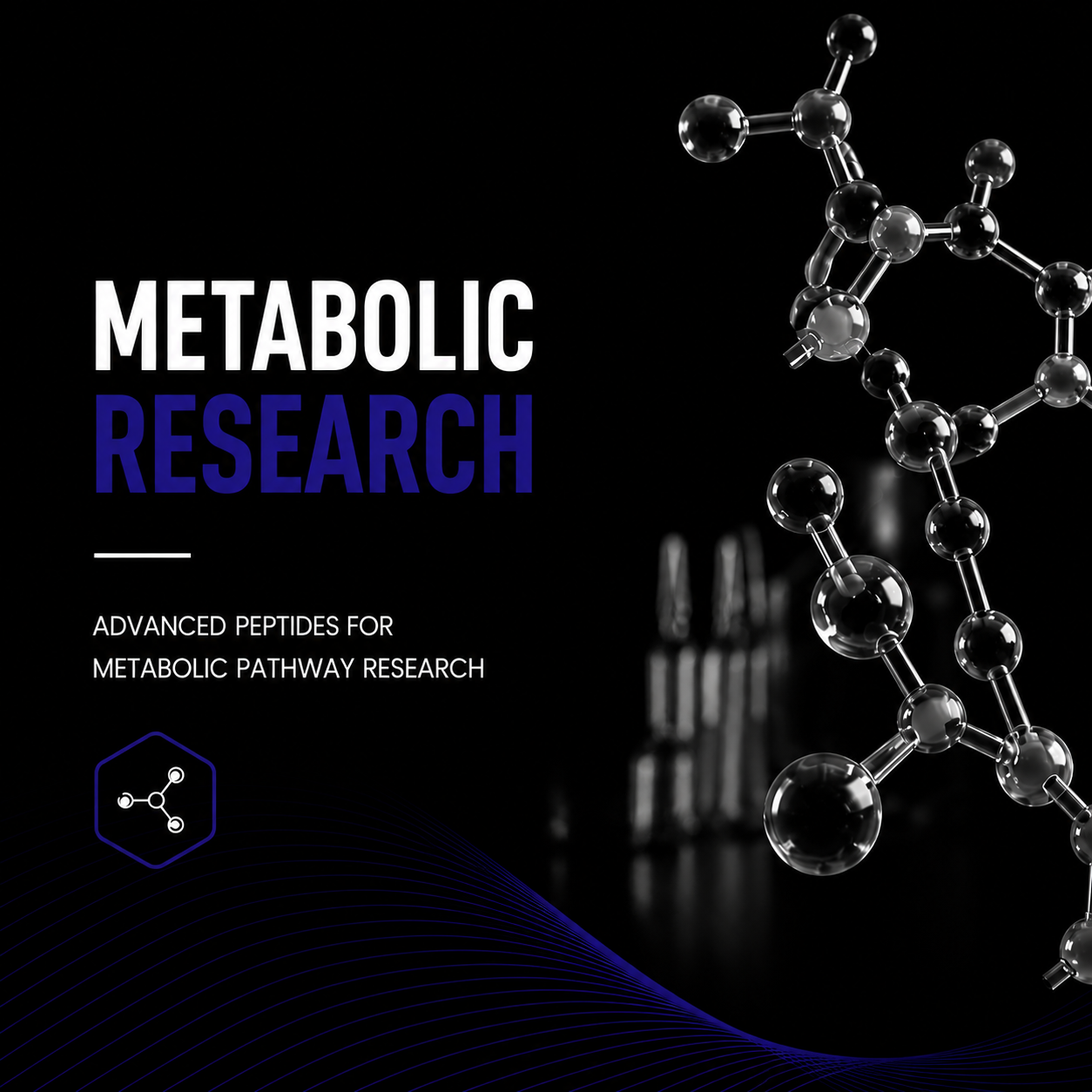 Advertisement for metabolic research with molecular structure on a dark background
