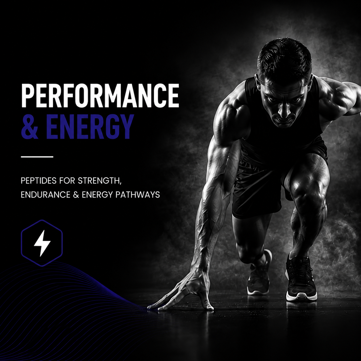 Athlete in a starting position with text about performance and energy on a dark background