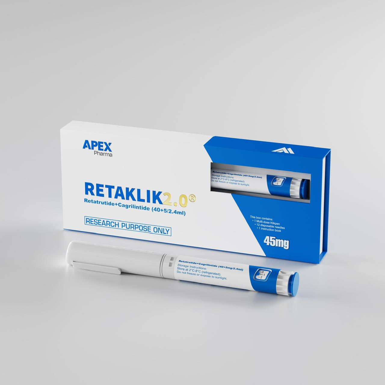 Retaklik 2.0 packaging with Apex Pharma branding on a gray background