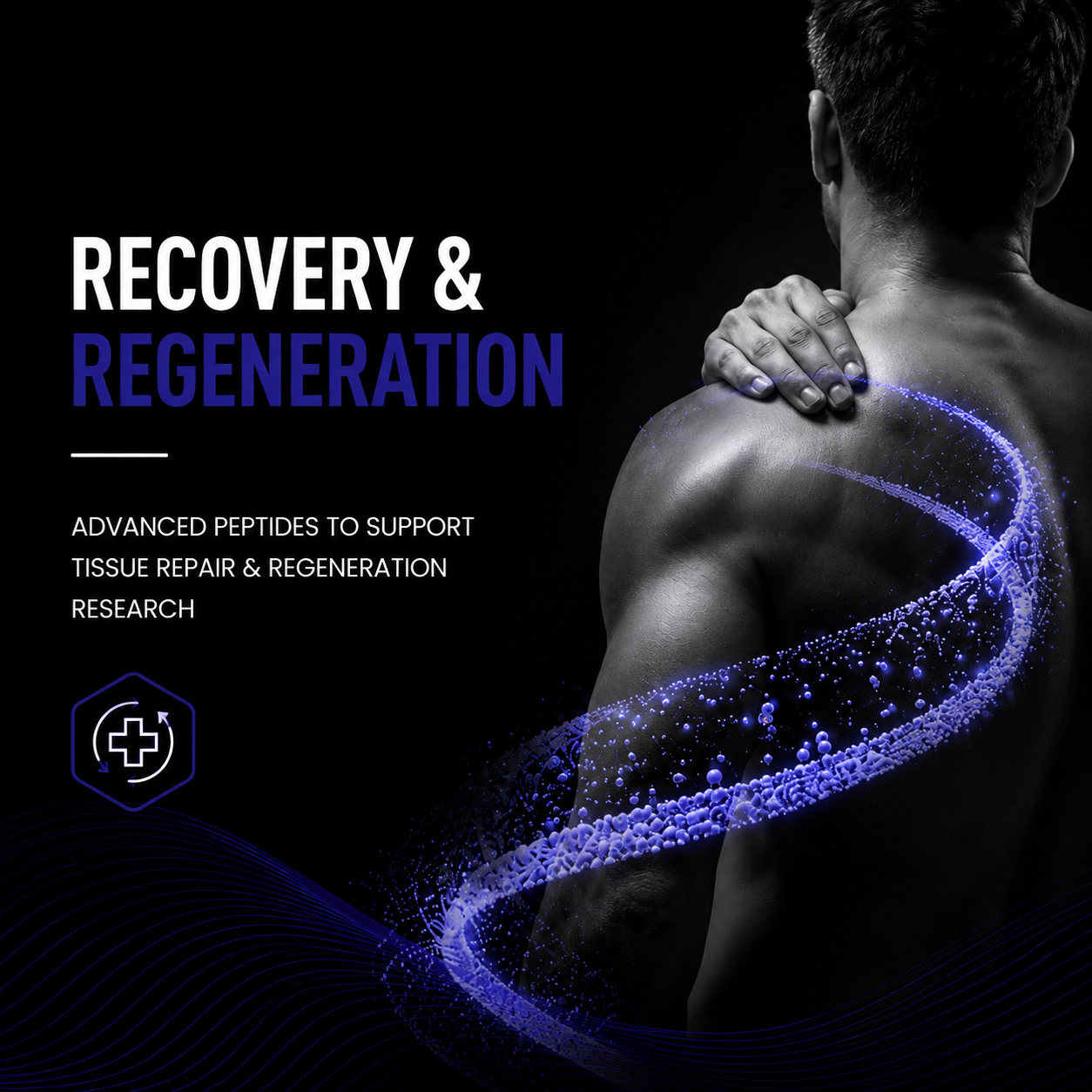 Person with glowing blue circular design on shoulder, text about recovery and regeneration.