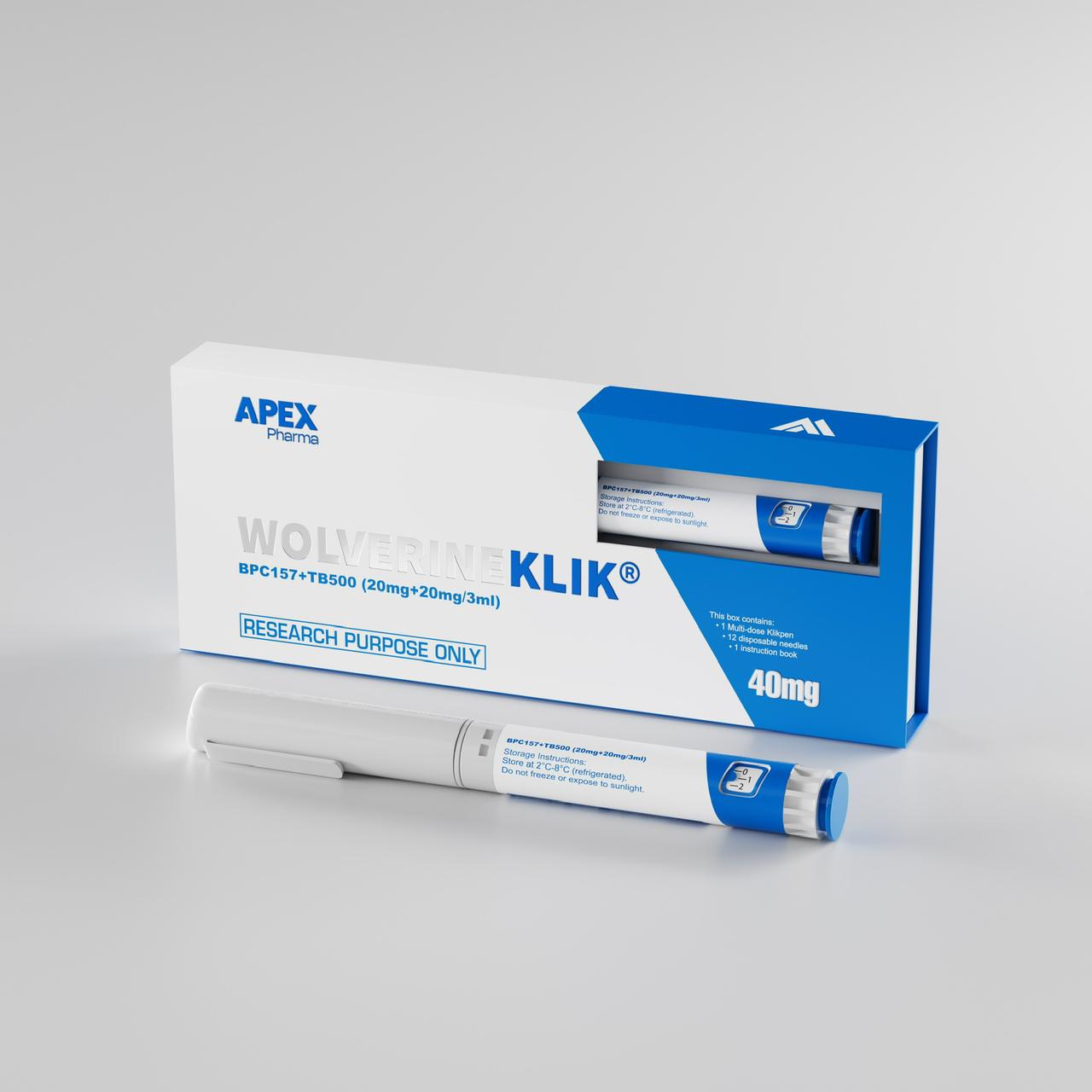 Apeks Pharma Klik packaging with a white and blue design on a gray background